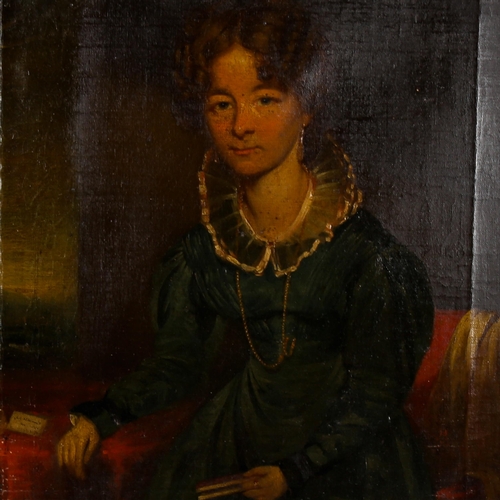 1417 - Mid-19th century oil on canvas, half length portrait of a woman, unsigned, 50cm x 40cm, framed