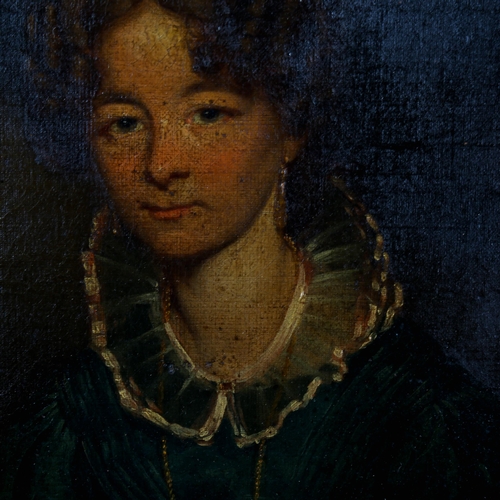 1417 - Mid-19th century oil on canvas, half length portrait of a woman, unsigned, 50cm x 40cm, framed