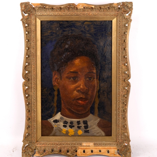 1418 - Mid-20th century oil on board, head and shoulders portrait of a woman, 39cm x 24cm, framed