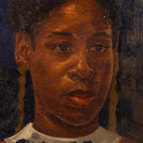 1418 - Mid-20th century oil on board, head and shoulders portrait of a woman, 39cm x 24cm, framed