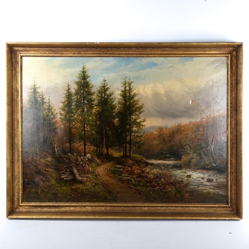 1421 - R H Jenkins, oil on canvas, timber workers on a riverbank, signed, 66cm x 92cm, framed