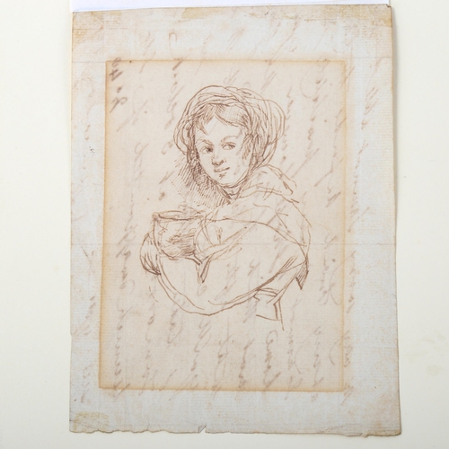 1427 - William Mulready RA (1786 - 1863), pen and ink sketch, study of a girl, with signed letter verso, sh... 