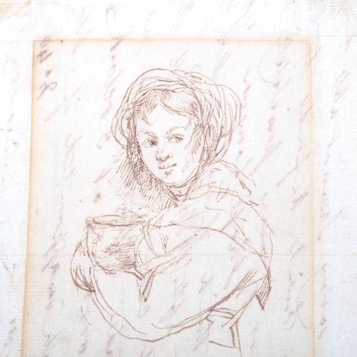 1427 - William Mulready RA (1786 - 1863), pen and ink sketch, study of a girl, with signed letter verso, sh... 