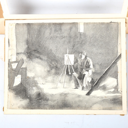 1432 - 19th century monochrome watercolour, artist at his easel, 25cm x 31cm, mounted