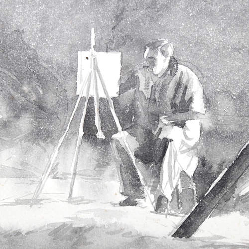 1432 - 19th century monochrome watercolour, artist at his easel, 25cm x 31cm, mounted