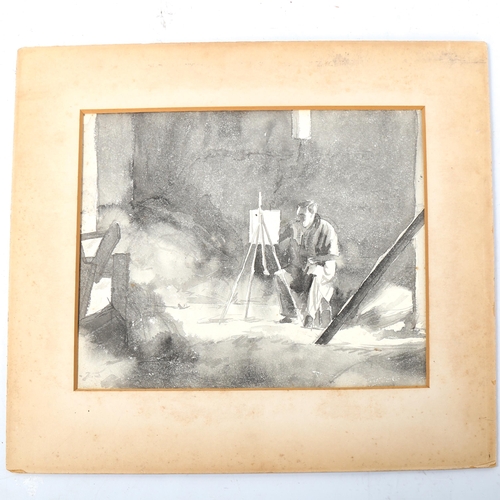 1432 - 19th century monochrome watercolour, artist at his easel, 25cm x 31cm, mounted