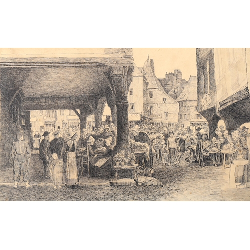 1434 - Henry Eddowes Keene (1824 - 1909), ink/pencil, Rouen market, 29cm x 45cm, mounted