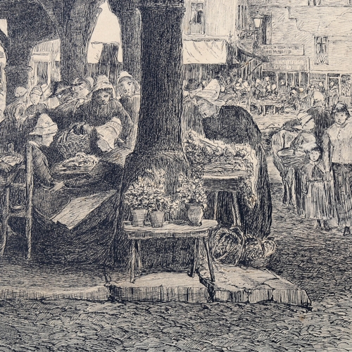 1434 - Henry Eddowes Keene (1824 - 1909), ink/pencil, Rouen market, 29cm x 45cm, mounted