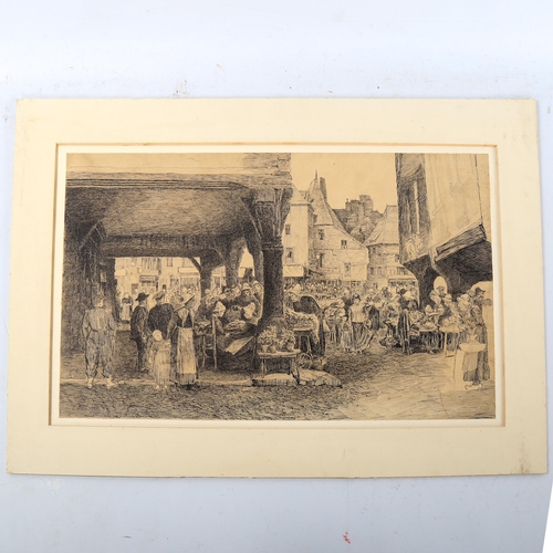 1434 - Henry Eddowes Keene (1824 - 1909), ink/pencil, Rouen market, 29cm x 45cm, mounted