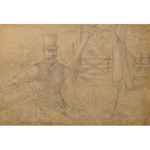 1436 - Charcoal/pencil drawing, a country gentleman, signed with indistinct monogram, 34cm x 49cm, mounted