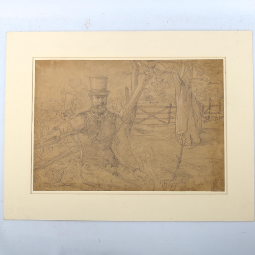 1436 - Charcoal/pencil drawing, a country gentleman, signed with indistinct monogram, 34cm x 49cm, mounted