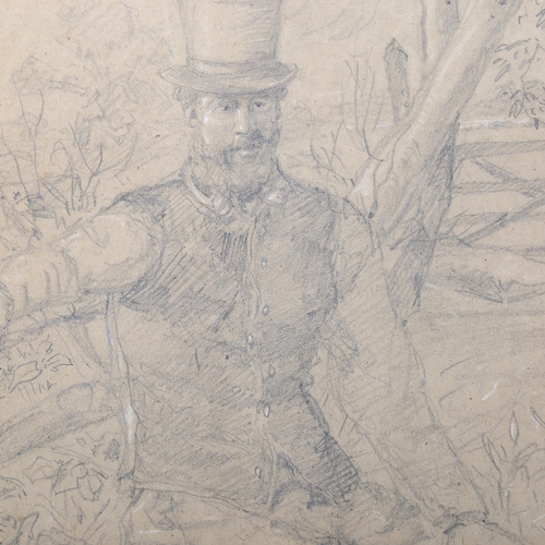 1436 - Charcoal/pencil drawing, a country gentleman, signed with indistinct monogram, 34cm x 49cm, mounted