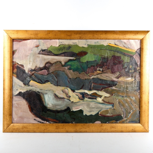 1447 - O'Reilly, oil on canvas laid on board, abstract landscape, signed and dated '75, 50cm x 75cm, framed