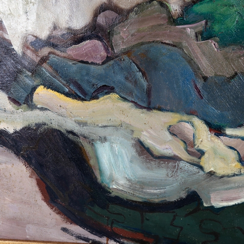 1447 - O'Reilly, oil on canvas laid on board, abstract landscape, signed and dated '75, 50cm x 75cm, framed