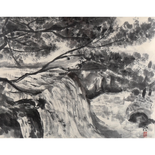 1448 - Kuniko Anan Bartlett (Anglo-Japanese), ink on paper, forest waterfall, signed with seal, 46cm x 58cm... 