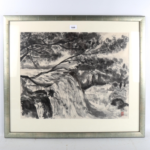 1448 - Kuniko Anan Bartlett (Anglo-Japanese), ink on paper, forest waterfall, signed with seal, 46cm x 58cm... 