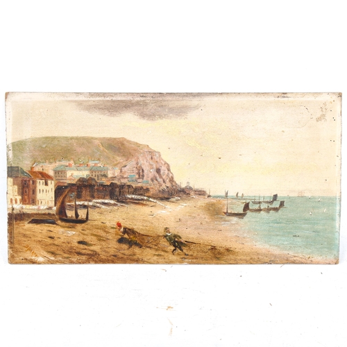 1467 - 19th century oil on tin, Hastings beach scene, indistinctly signed, 16cm x 30cm, and 3 other oil pai... 