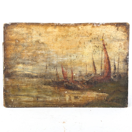 1467 - 19th century oil on tin, Hastings beach scene, indistinctly signed, 16cm x 30cm, and 3 other oil pai... 