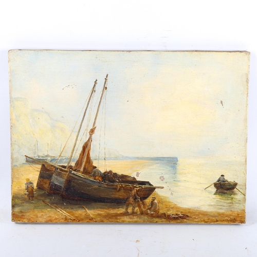 1467 - 19th century oil on tin, Hastings beach scene, indistinctly signed, 16cm x 30cm, and 3 other oil pai... 