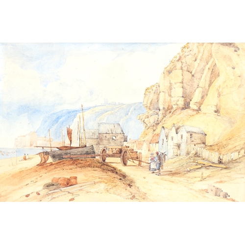 1471 - 19th century watercolour, Hastings beach scene, unsigned, 25cm x 37cm, framed