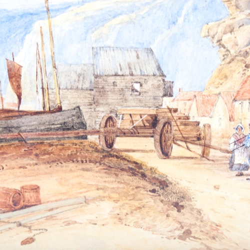 1471 - 19th century watercolour, Hastings beach scene, unsigned, 25cm x 37cm, framed