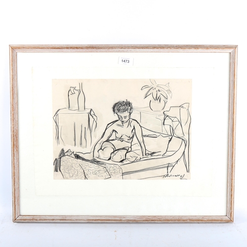 1473 - Philip Naviasky, charcoal sketch, figure on a bed, signed, image 28cm x 38cm, framed