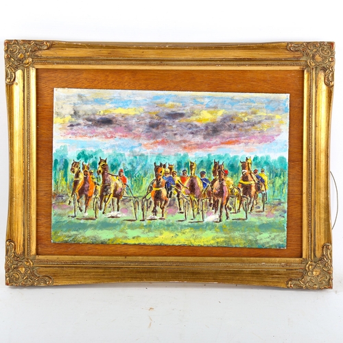 1480 - George Petty, enamel painting on copper, American carriage racing, signed, 20cm x 30cm, framed