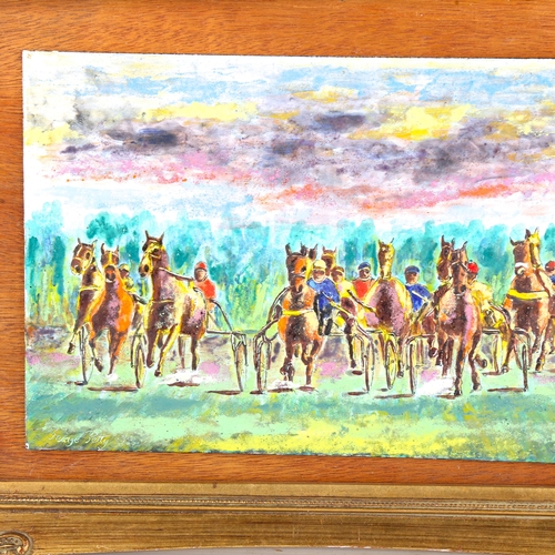 1480 - George Petty, enamel painting on copper, American carriage racing, signed, 20cm x 30cm, framed