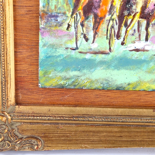 1480 - George Petty, enamel painting on copper, American carriage racing, signed, 20cm x 30cm, framed