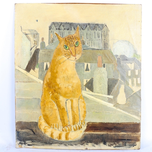 1485 - Mid-20th century oil on canvas laid on board, ginger cat, unsigned, 48cm x 41cm, unframed