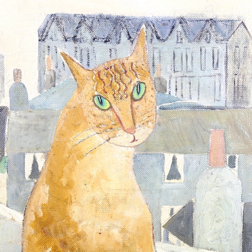 1485 - Mid-20th century oil on canvas laid on board, ginger cat, unsigned, 48cm x 41cm, unframed