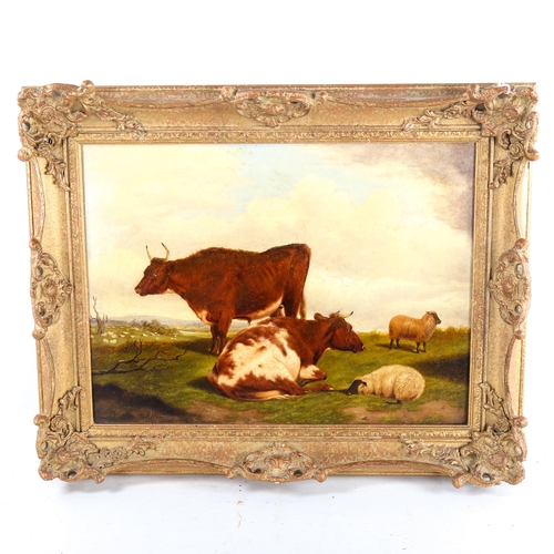 1486 - J Ware, 19th century oil on canvas, cattle and sheep on a hilltop, signed and dated 1868, 30cm x 40c... 