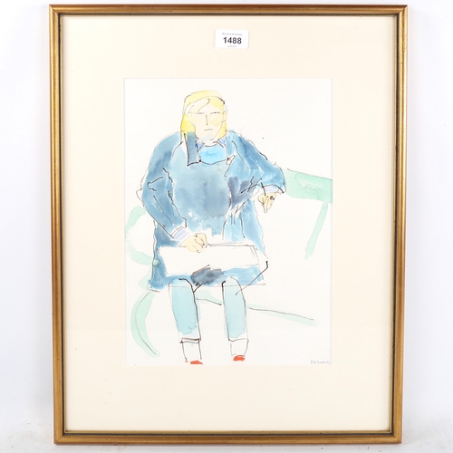 1488 - Watercolour/ink, woman on a bench, indistinctly signed, 34cm x 24cm, framed