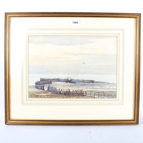 1489 - Minnie Townley, watercolour, coastal scene, signed and dated 1877, 25cm x 35cm, framed