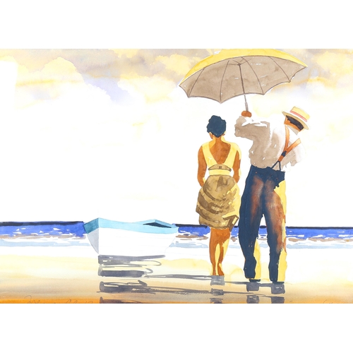 1490 - Irene Cole after Vettriano, watercolour, beach scene, 47cm x 63cm, framed