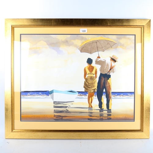 1490 - Irene Cole after Vettriano, watercolour, beach scene, 47cm x 63cm, framed