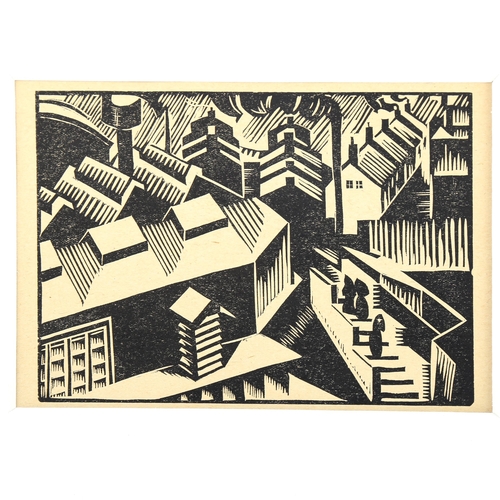 1491 - Edward Wadsworth, woodcut, street scene, image 10.5cm x 14.5cm, mounted