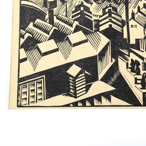 1491 - Edward Wadsworth, woodcut, street scene, image 10.5cm x 14.5cm, mounted