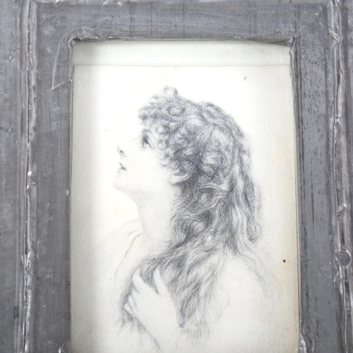 1492 - Pre-Raphaelite School, pencil drawing, portrait of a girl, unsigned, 10cm x 7cm, framed