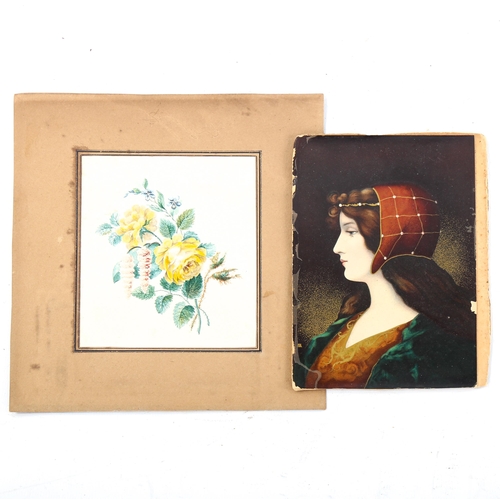 1493 - 19th century watercolour, botanical study, 9cm x 10.5cm, and a 19th century lacquer portrait of a gi... 