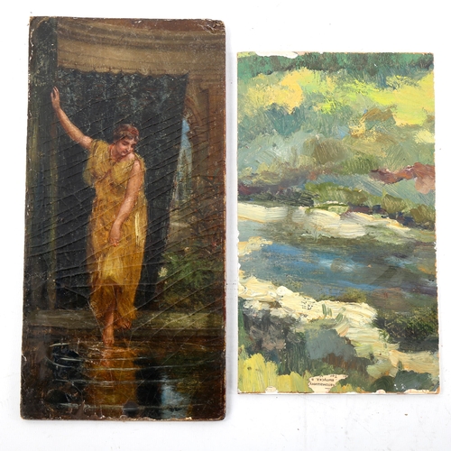 1494 - 2 mid-20th century oils on board, Classical woman bathing, 27cm x 13cm, and abstract, 23cm x 13cm (2... 