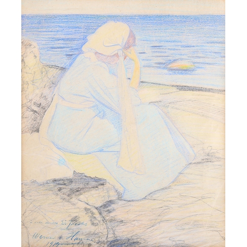 1495 - Scandinavian School, crayon/charcoal on paper, woman looking out to sea, indistinctly signed, dated ... 