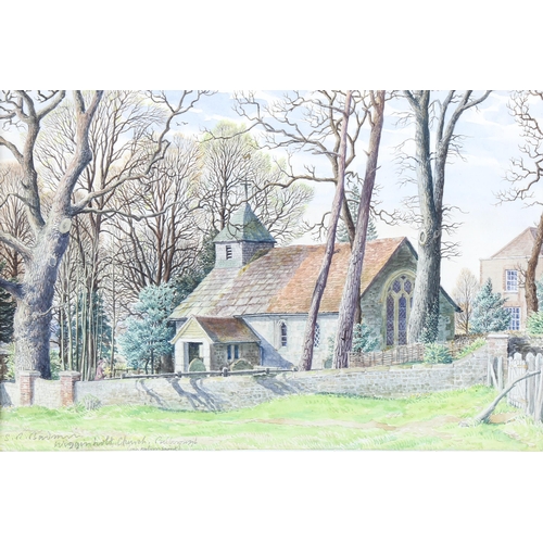 1502 - S R Badmin, watercolour, Wigginholt Church near Pulborough, signed with Exhibition label verso, 16cm... 