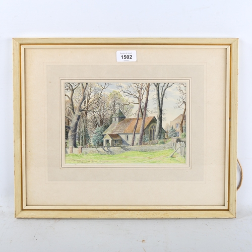 1502 - S R Badmin, watercolour, Wigginholt Church near Pulborough, signed with Exhibition label verso, 16cm... 