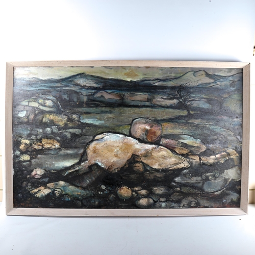 1504 - Mid-20th century oil on board, stone quarry, unsigned, 74cm x 120cm, framed