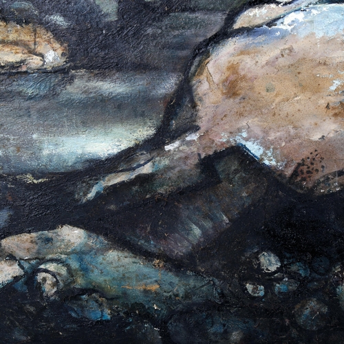 1504 - Mid-20th century oil on board, stone quarry, unsigned, 74cm x 120cm, framed