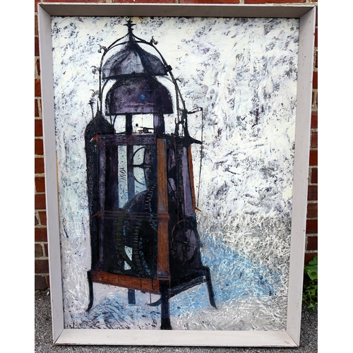 1505 - Mid-20th century oil on board, lantern clock, unsigned, 118cm x 87cm, framed