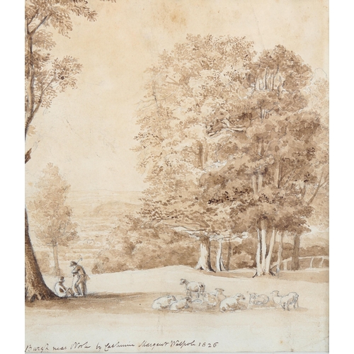 1506 - Catherine Margaret Walpole, sepia watercolour, landscape at Burgh, signed and dated 1826, 8