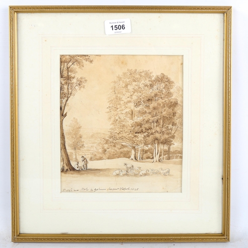 1506 - Catherine Margaret Walpole, sepia watercolour, landscape at Burgh, signed and dated 1826, 8