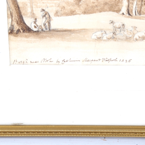 1506 - Catherine Margaret Walpole, sepia watercolour, landscape at Burgh, signed and dated 1826, 8